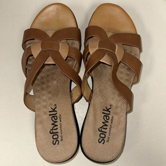 softwalk 8M Tan Brown Leather Slip On Support Soles Comfort Sandals - Picture 9 of 9